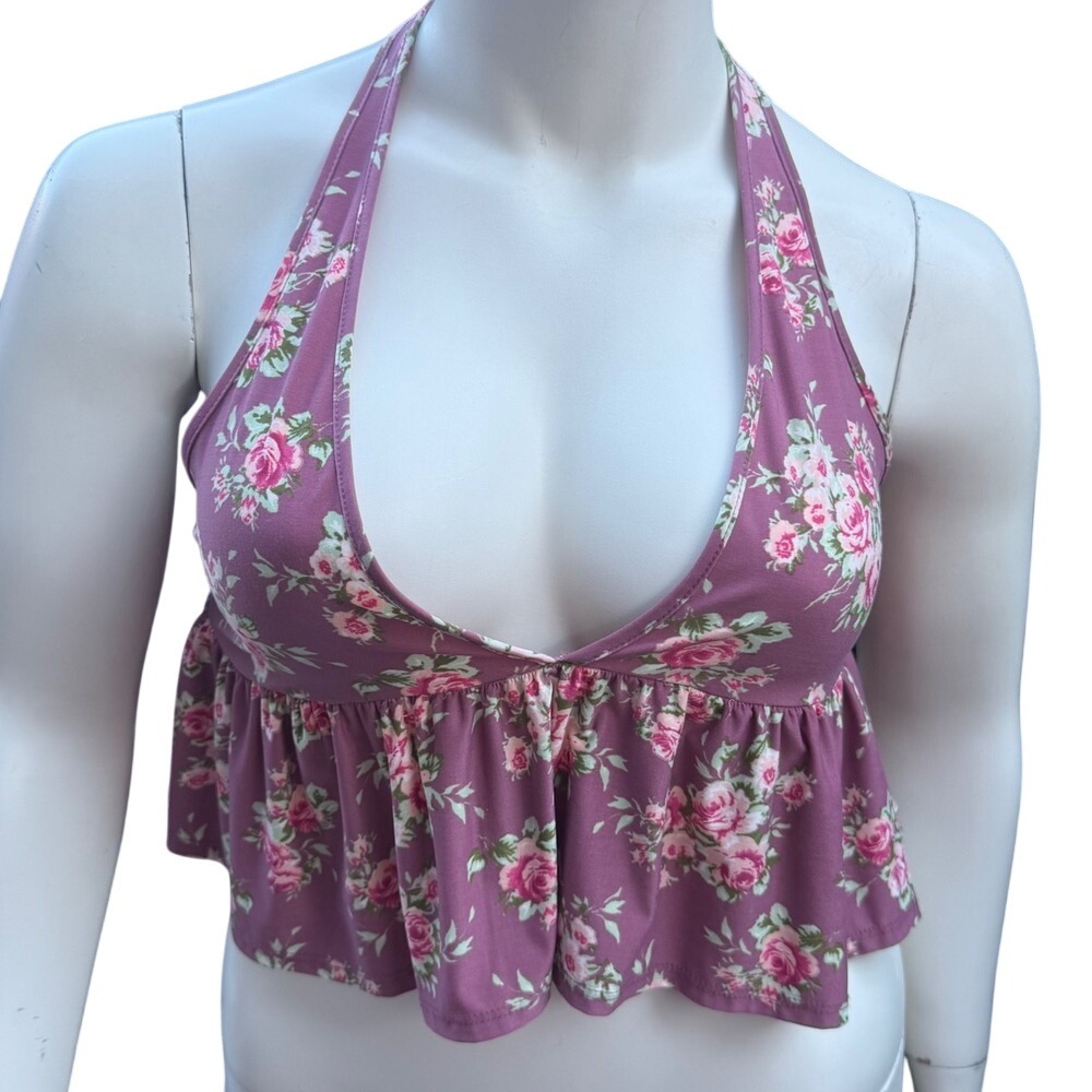 Bo Bel Floral Peplum Halter Top Pink V-Neck Stretchy Fairycore Boho Romantic L